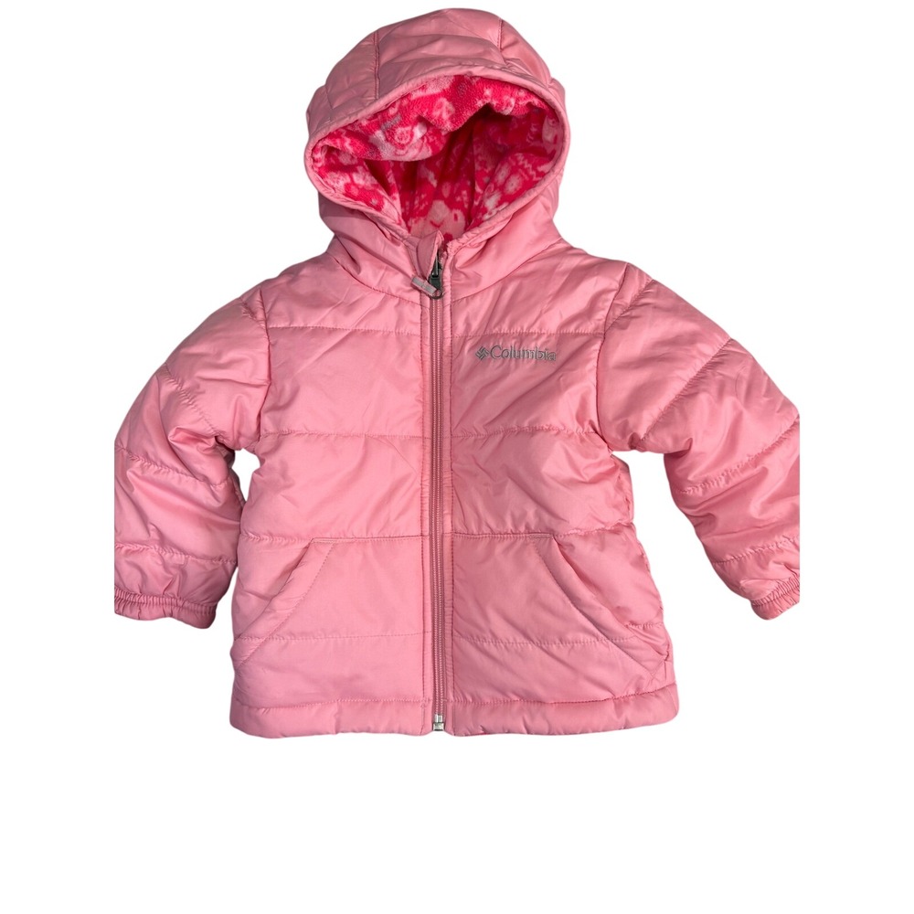 Columbia Girls Pink Reversible Hooded Puffer Jacket‎ Fleece Print Size 2T